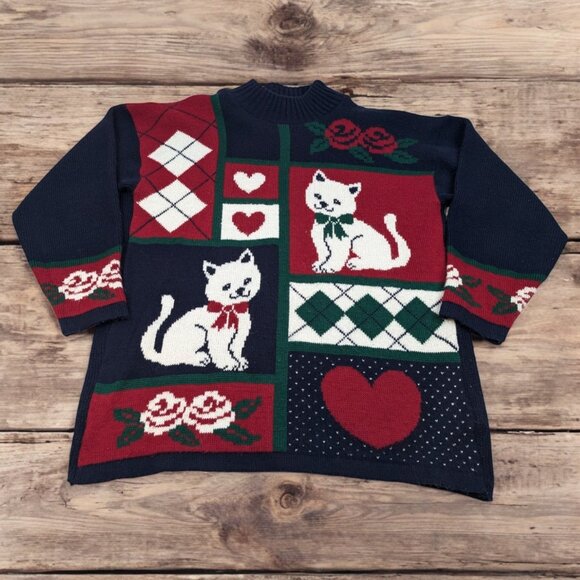 Vintage Dana‎ Scott Cat Sweater Hearts Flowers Argyle Navy Blue Red Holiday L - Picture 1 of 14